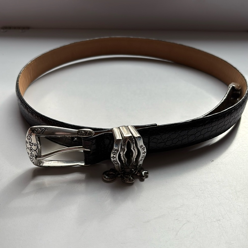 Brighton Belt Black Leather Medium 3 Dangle Charms Heart Horseshoe Cross B10073